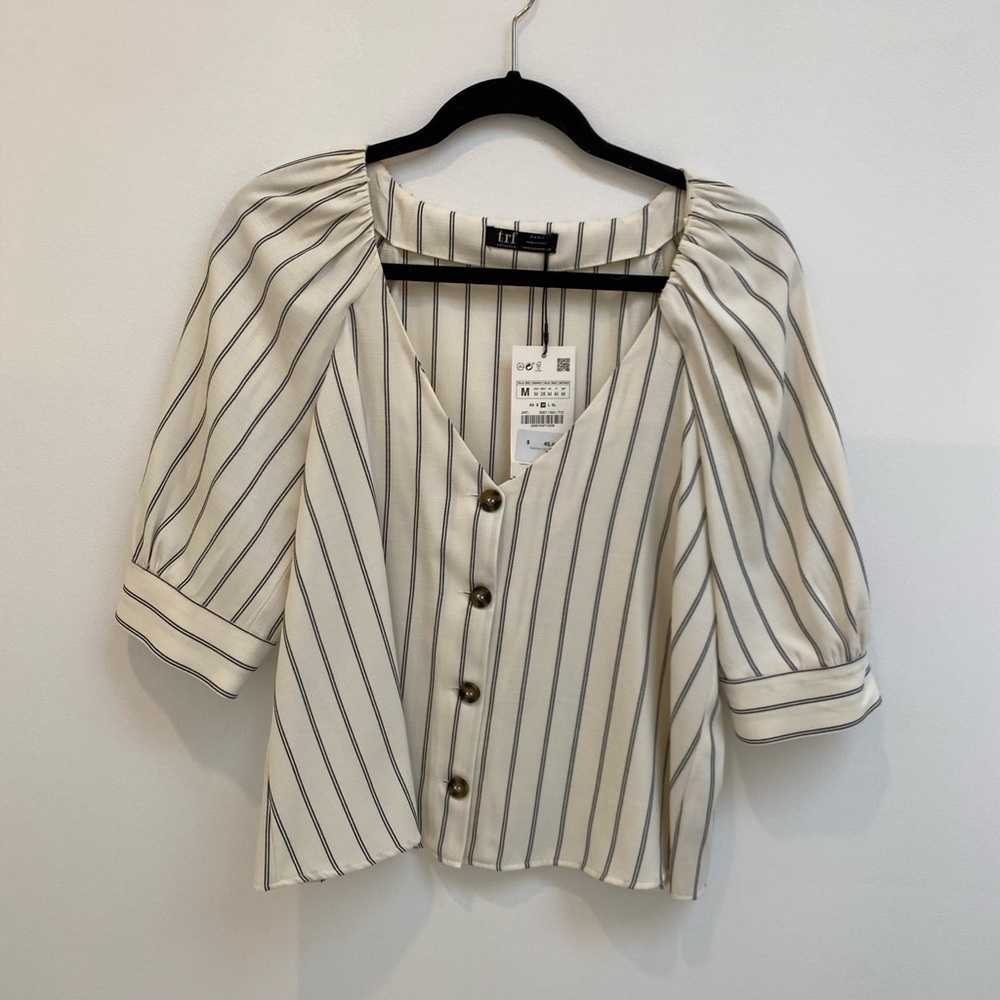 Zara Cream Striped Button-Front Puff Sleeve Top